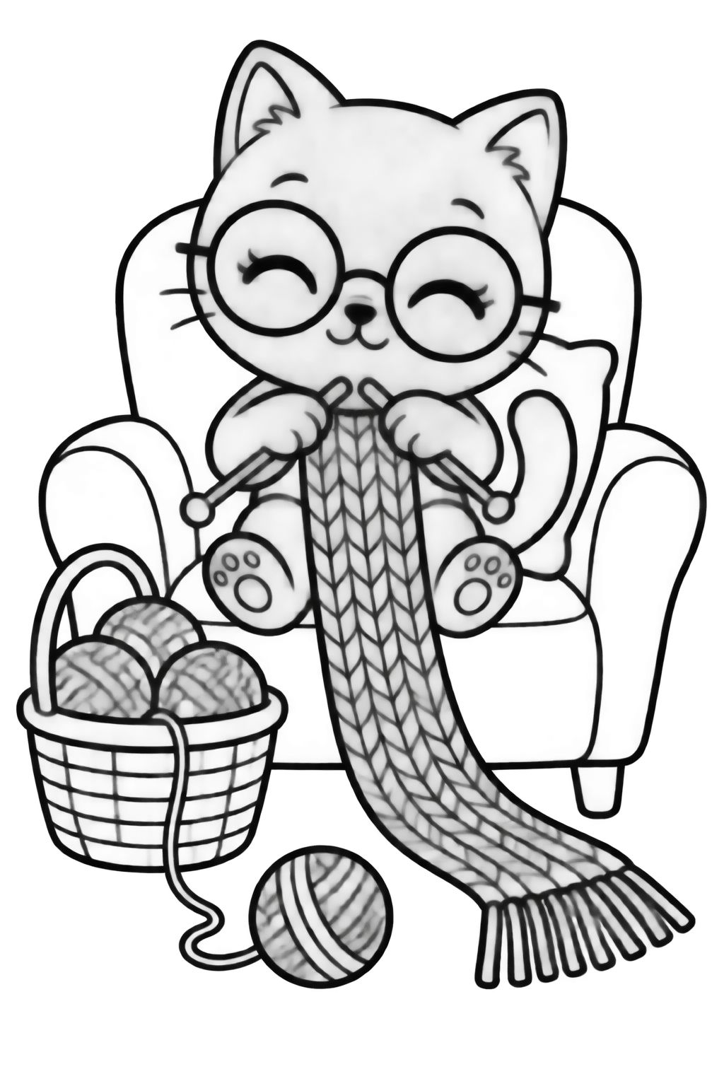 Desenhos para colorir de gatinho tricotando na poltrona Gato fofo usando óculos e tricotando um cachecol sentado em uma poltrona macia com novelos de lã ao lado.