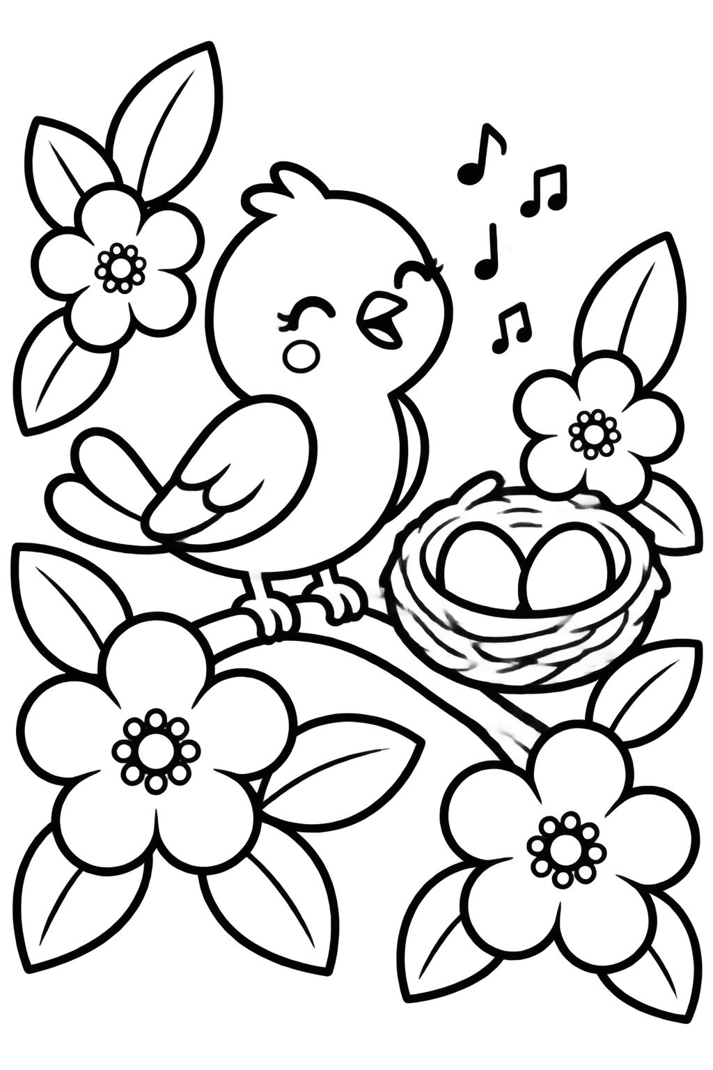 Desenhos para colorir de passarinho e flores na primavera Passarinho cantando em galho com flores e ninho com ovos para colorir e pintar