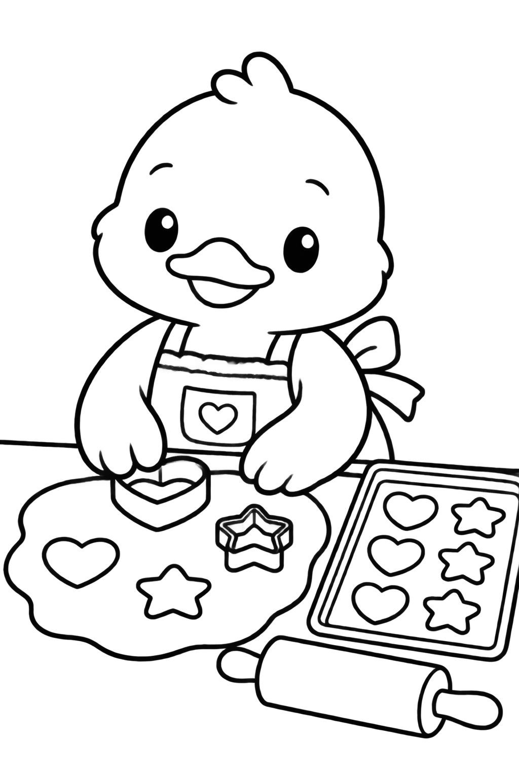 Desenhos para Colorir de Patinho na Cozinha Fazendo Biscoito Patinho fofo com avental corta massa de biscoito em formato de coração na cozinha para colorir.