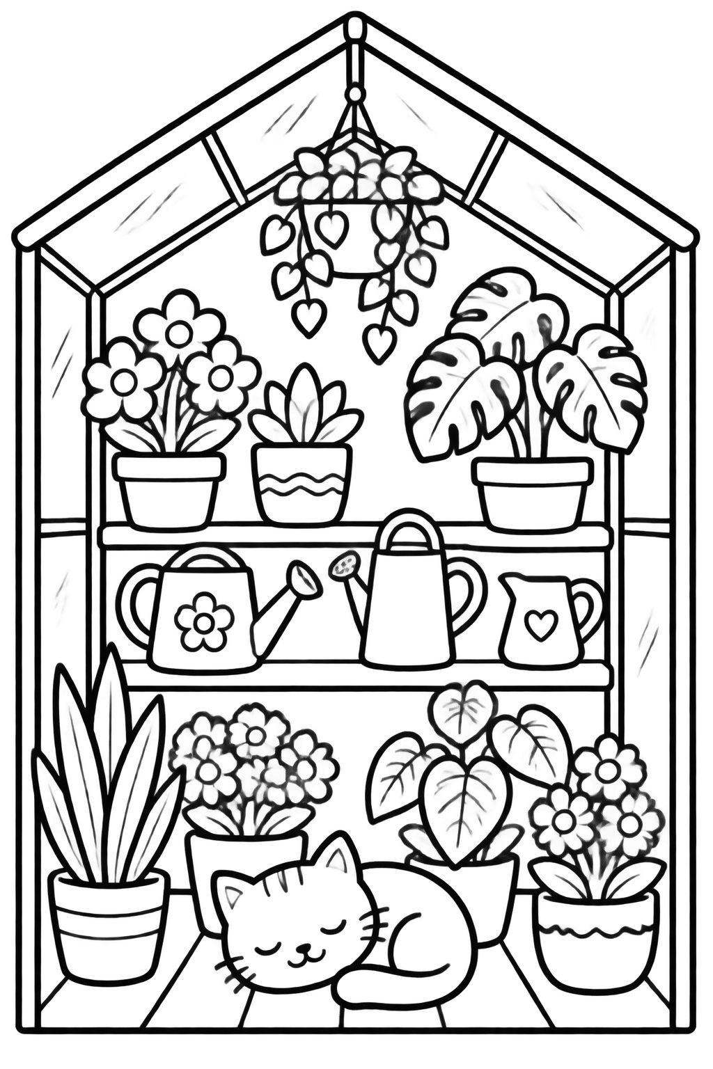 Desenhos para Colorir Estufa de Flores e Jardim com Gatinho Estufa de vidro com vasos de plantas, flores, regadores e um gatinho dormindo no chão para pintar e colorir