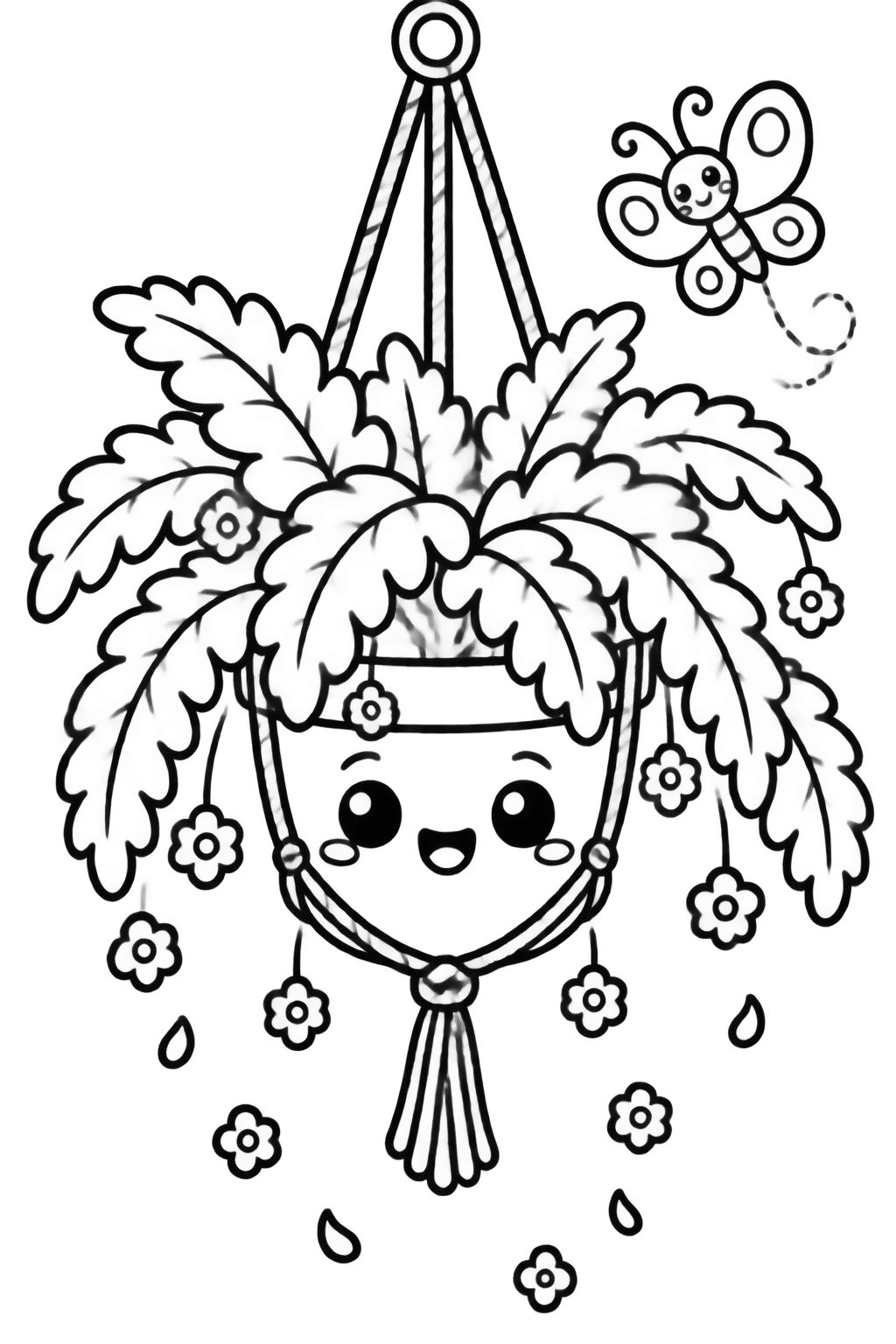 Desenhos para Colorir Flores e Jardim com Vaso e Borboleta Vaso suspenso sorridente com flores e uma borboleta voando suavemente acima, ideal para pintar