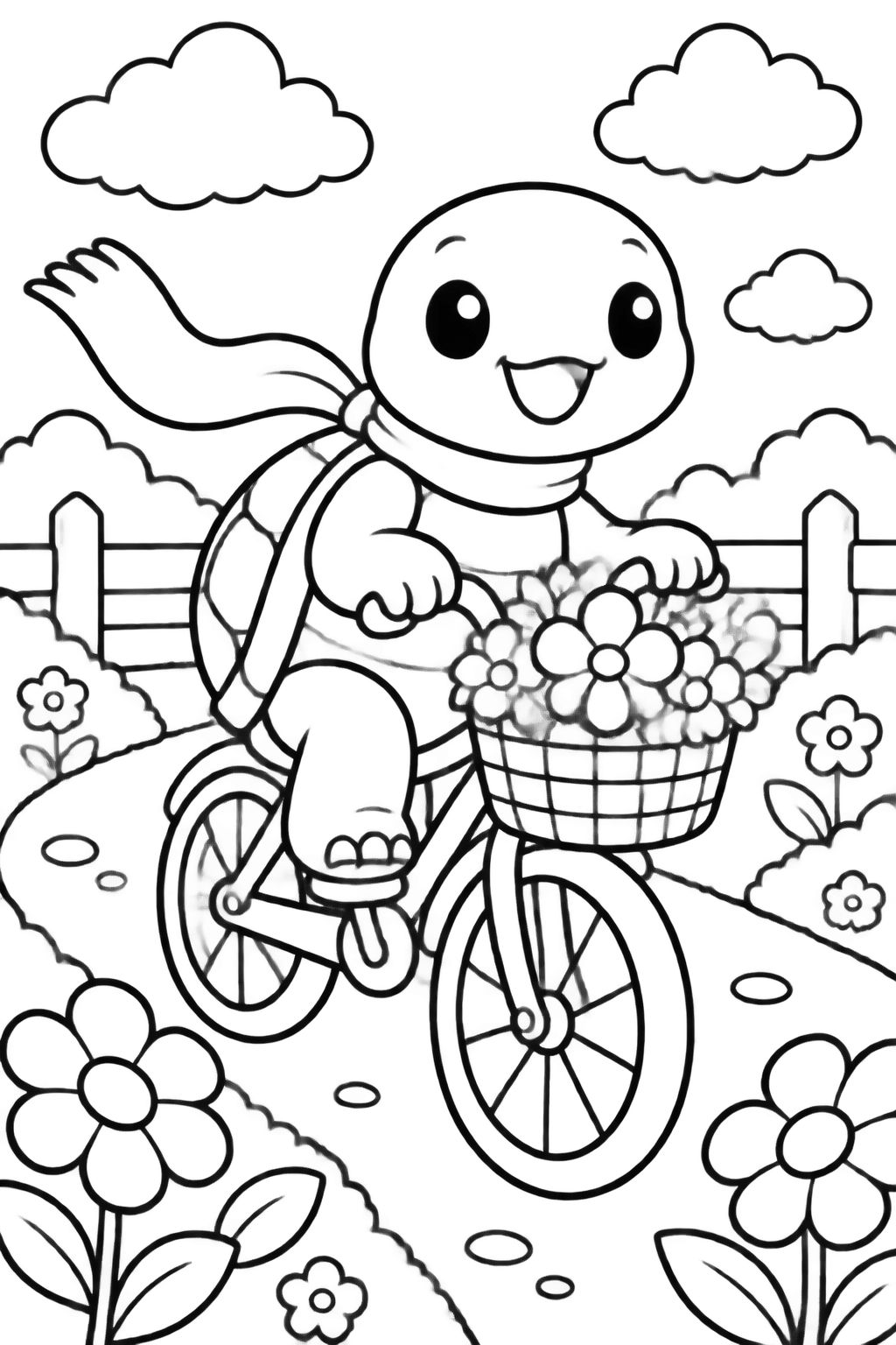 Desenhos para Colorir: Tartaruga Alegre Andando de Bicicleta Tartaruga sorridente pedala bicicleta com flores na cesta em um caminho campestre.