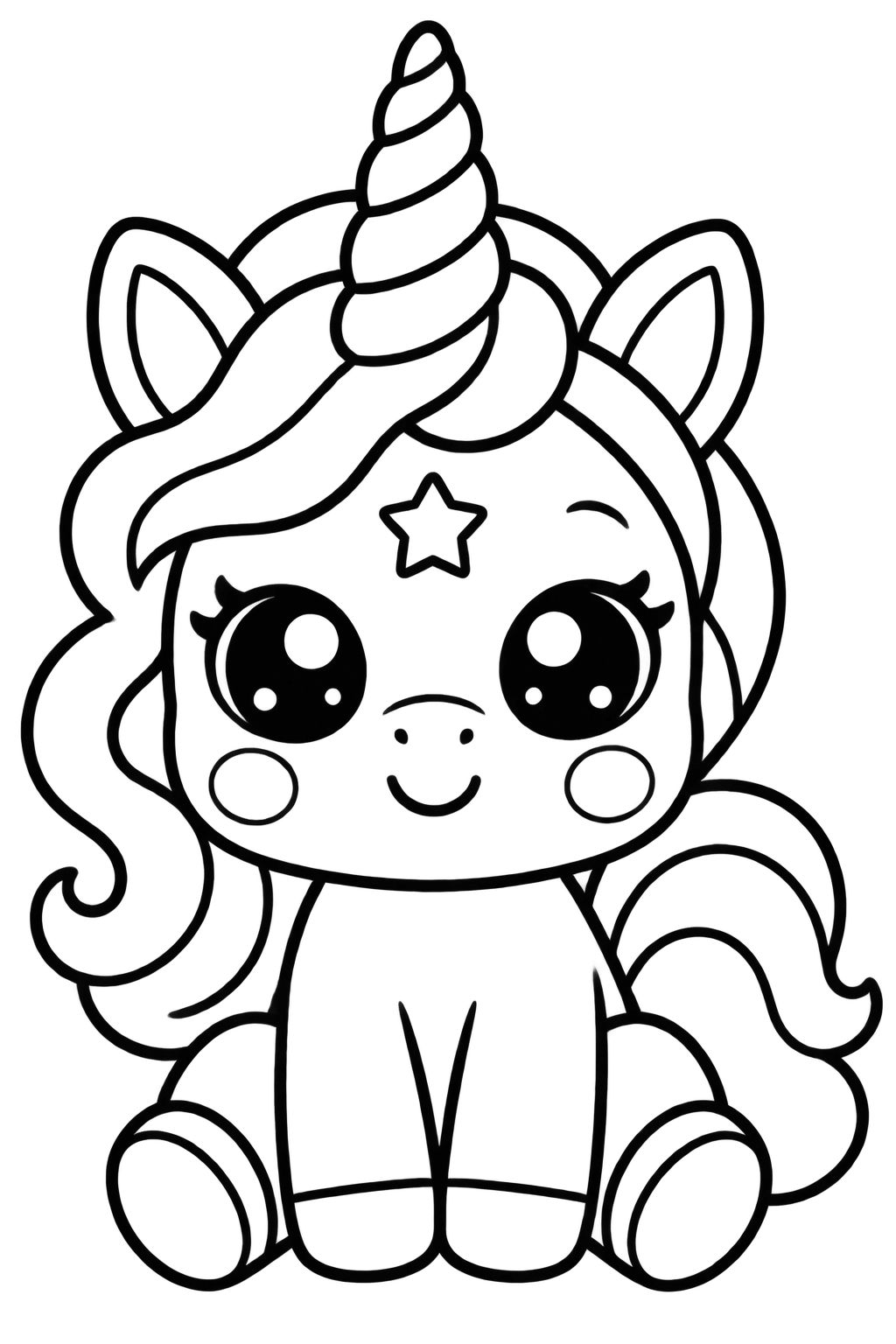 Desenhos para Colorir Unicórnio Mágico com Estrela Unicórnio sentado e sorridente, com chifre em espiral e estrela na testa, para colorir