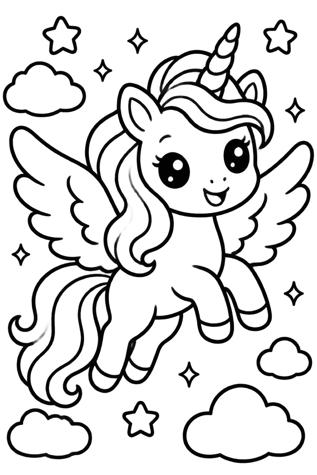 Desenhos para Colorir Unicórnio Mágico nas Nuvens Unicórnio de asas abertas e crina longa, sorrindo entre nuvens fofas e estrelas, em desenho para pintar