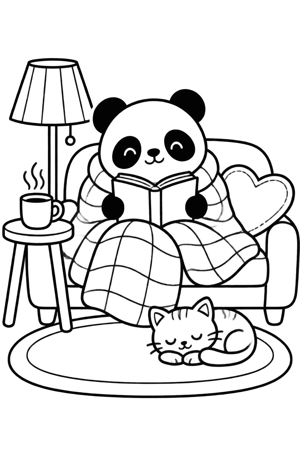 Desenhos para Colorir: Urso Panda Lendo Livro Confortável Urso panda feliz sentado na poltrona lendo um livro com um gatinho dormindo no tapete ao lado.