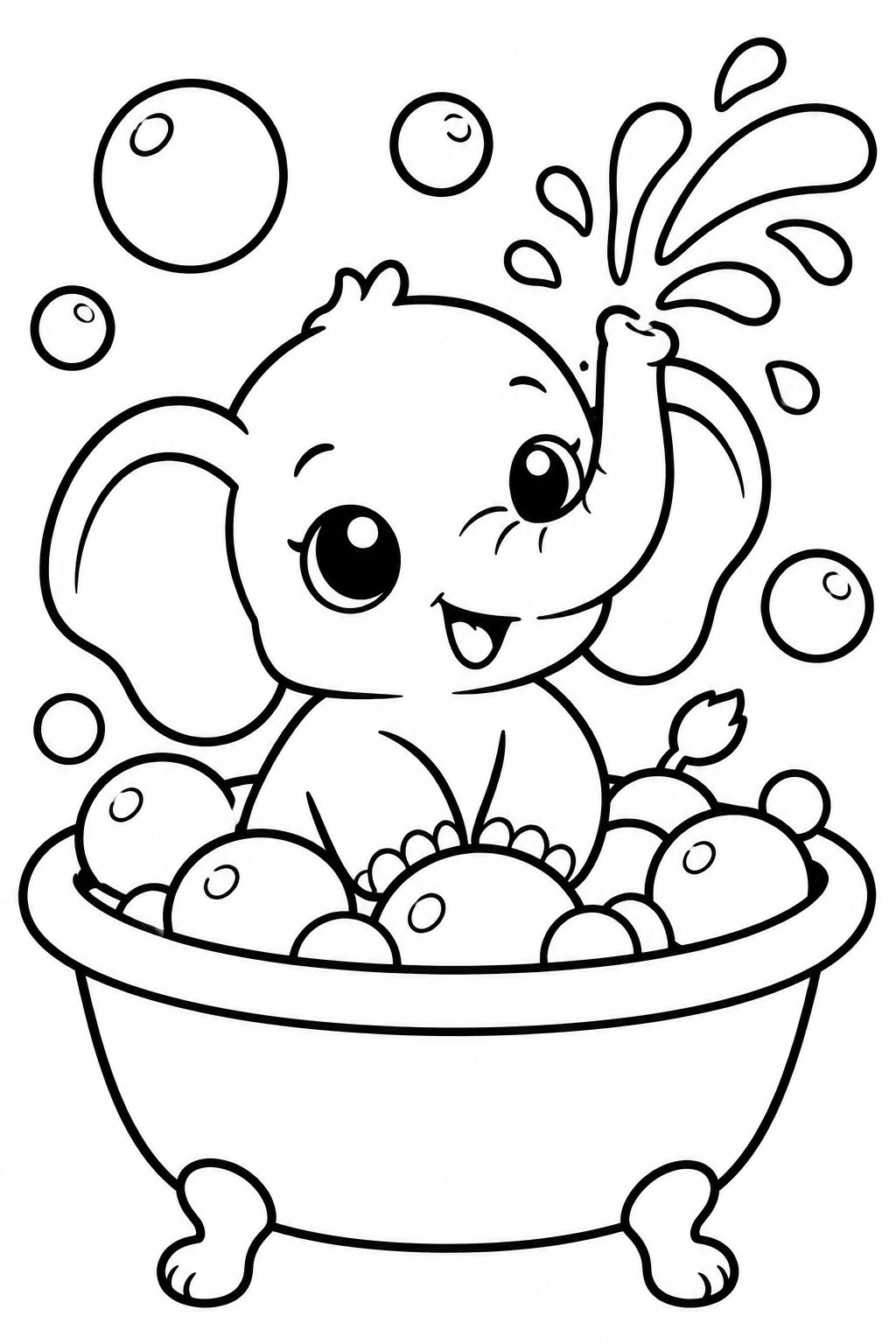Elefante Fofo na Banheira com Espuma para Pintar Filhote de elefante sorridente tomando banho com bolhas de espuma ao redor em um desenho pronto para colorir.