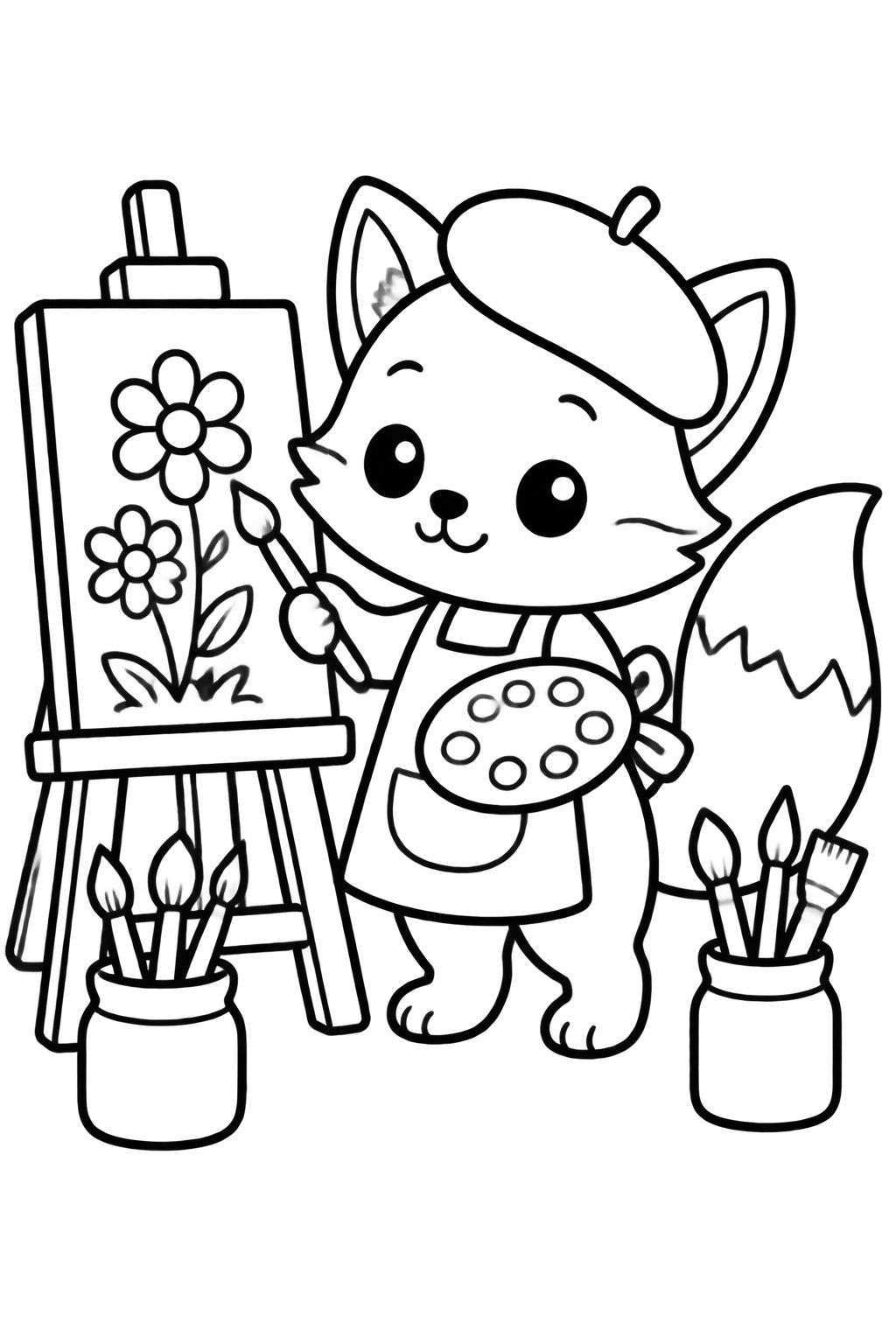 Gatinho artista com avental pintando flores para colorir Gatinho fofo de boina e avental segura pincel e paleta para pintar quadro de flores no cavalete.