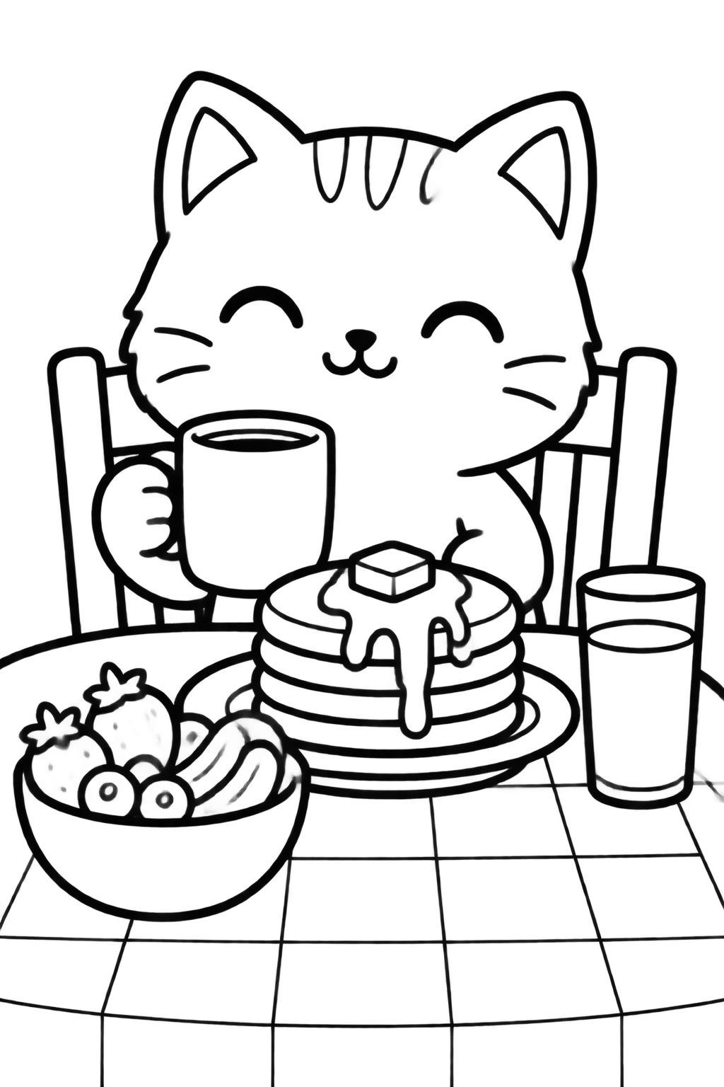 Gatinho tomando café da manha com panquecas para colorir Gato feliz sentado a mesa segurando uma xicara diante de panquecas e frutas para pintar.