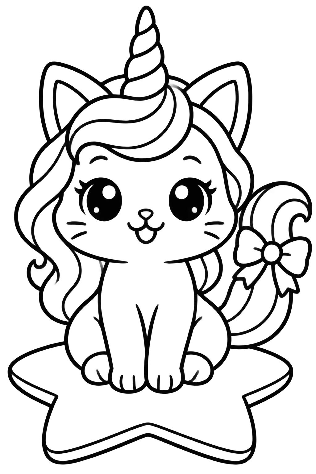Gatinho Unicórnio Mágico em Estrela Gigante para Colorir Gatinho com chifre e crina de unicórnio sentado sobre uma estrela grande, para colorir