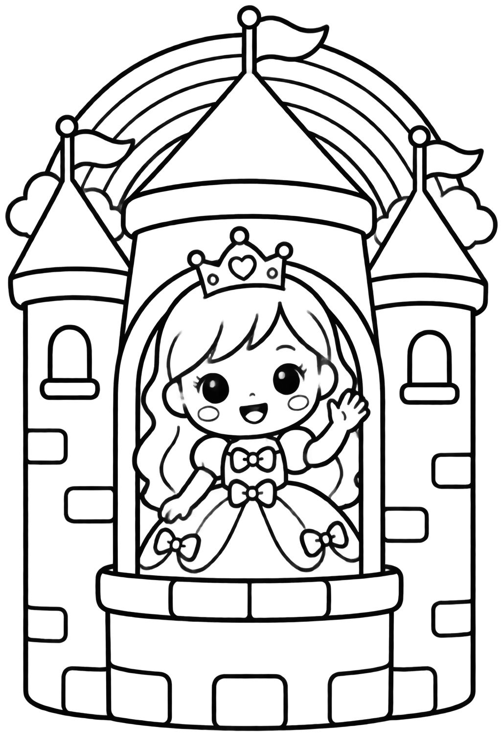 Princesa no Castelo Mágico para Colorir e Pintar Princesa sorridente acenando da torre de um castelo, com arco-íris ao fundo, para colorir