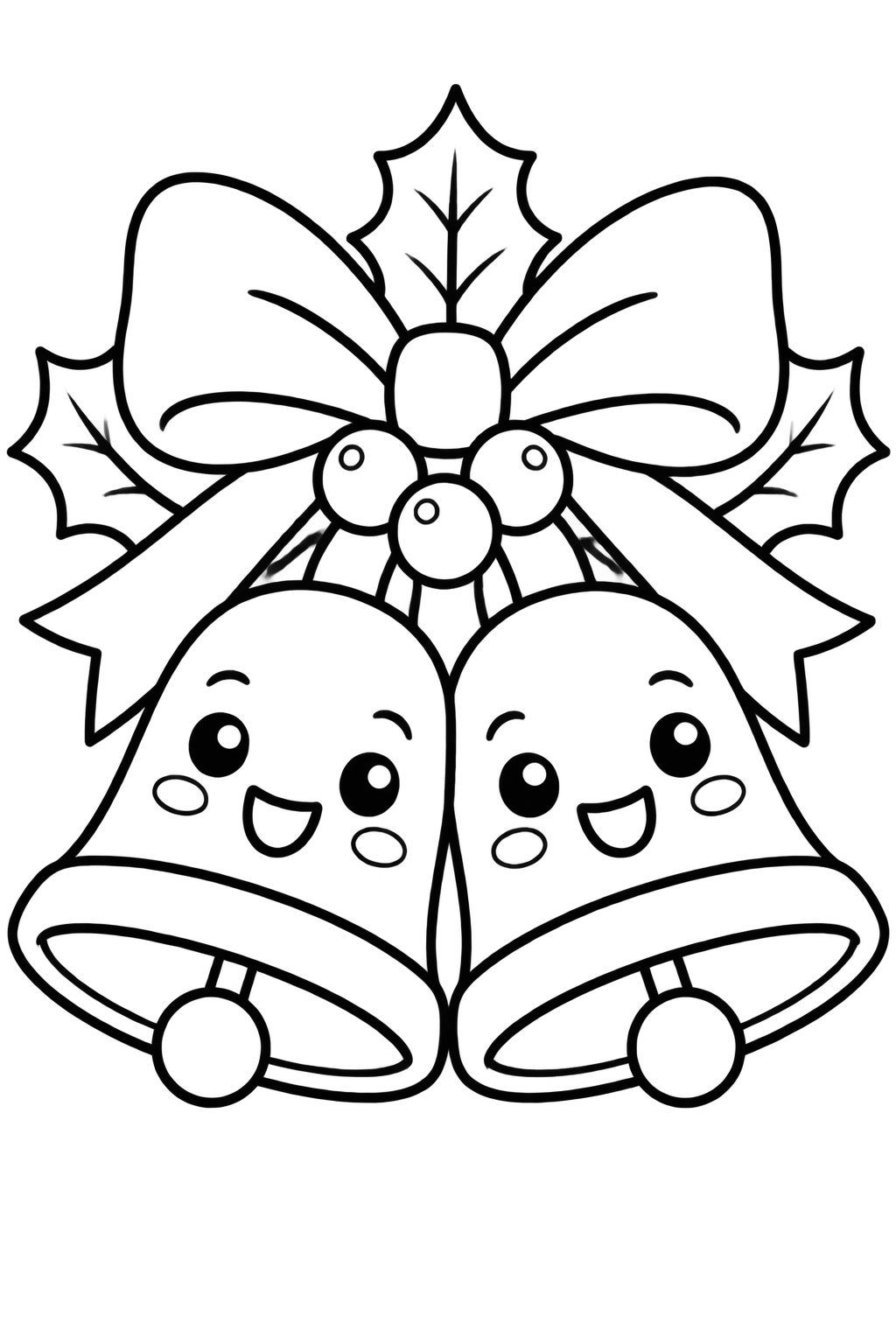 Sinos de Natal fofos para colorir e pintar com alegria Dois sinos de Natal com rostos felizes sob um grande laço e folhas festivas prontos para colorir.