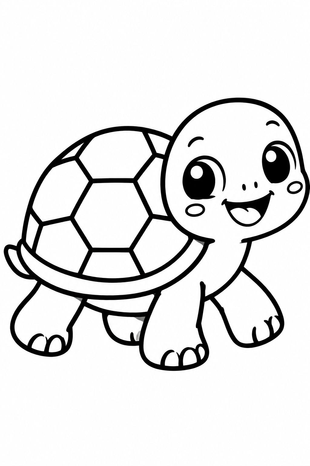 Tartaruga Amigável com Casco Geométrico para Colorir Desenho de uma tartaruga sorridente com padrões geométricos no casco em fundo branco pronto para pintar.