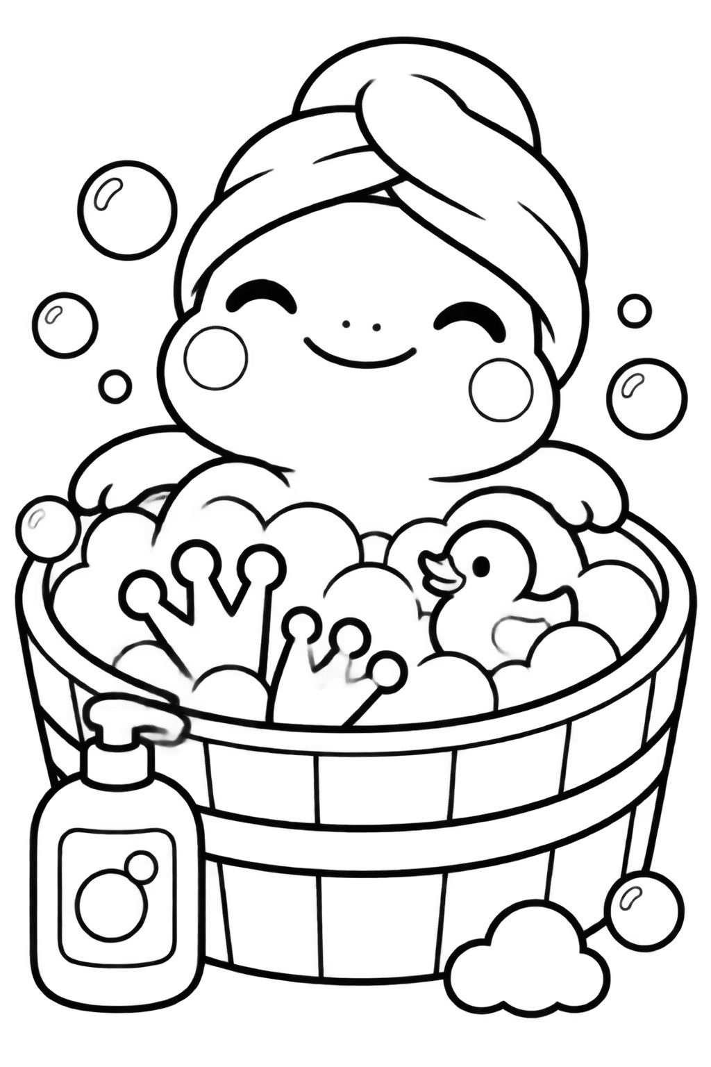 Tartaruga Sorridente Toma Banho Relaxante com Espuma Tartaruga feliz com toalha na cabeça toma banho de banheira com espuma e patinho de borracha.