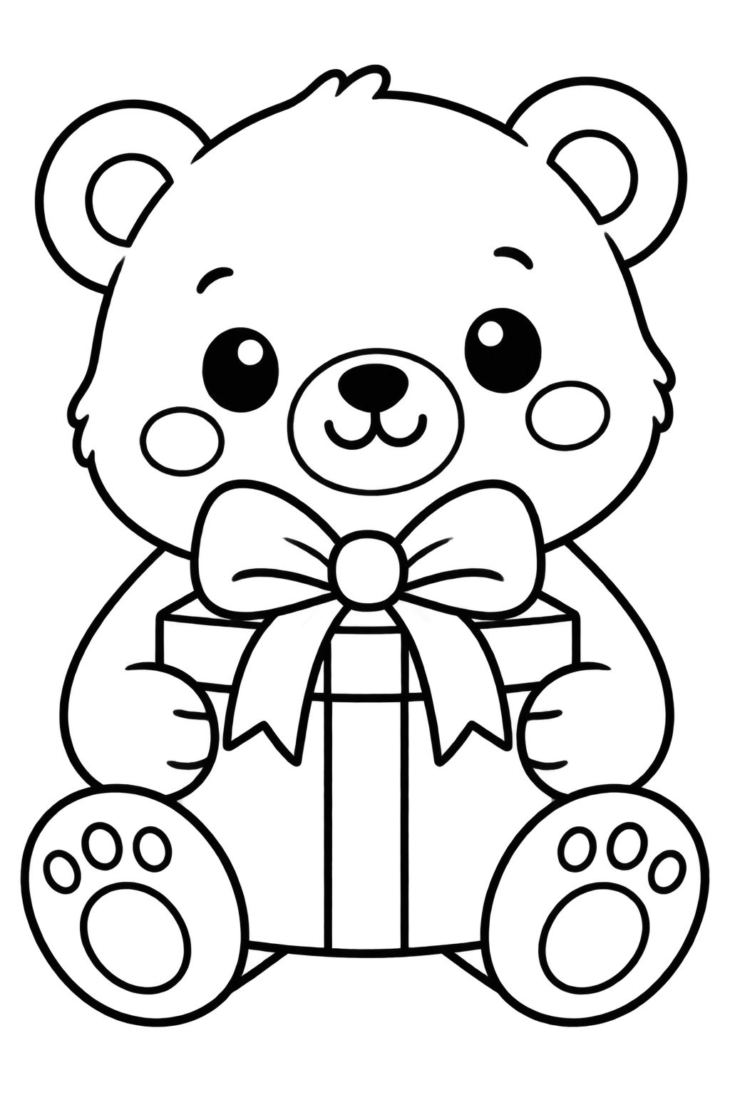 Ursinho de pelúcia com presente para colorir no Natal Desenho de um urso fofo segurando uma caixa de presente com laço para pintar no Natal.