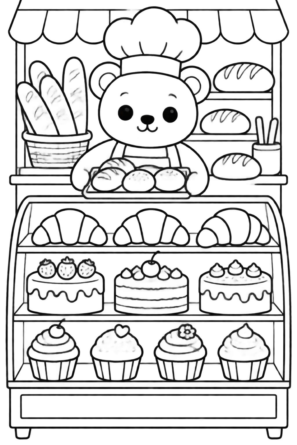 Urso Confeiteiro Padaria: Desenho para Colorir Aconchegante Urso fofinho de avental e chapéu de chef segura bandeja de pães fresquinhos dentro de uma padaria repleta de doces.