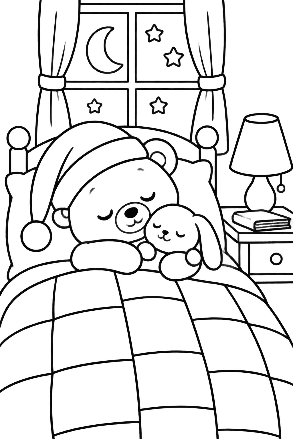 Urso de Pelúcia Dormindo na Cama Desenho para Colorir Urso de pelúcia fofo dormindo com coelhinho na cama aconchegante sob a luz de um abajur e lua.