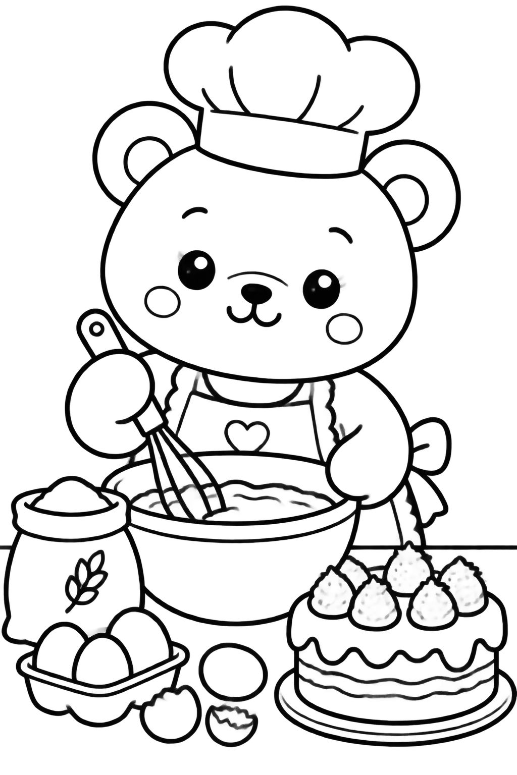 Urso fofo na cozinha fazendo bolo para colorir Urso com chapéu de cozinheiro mexe massa em tigela com farinha e ovos ao redor.